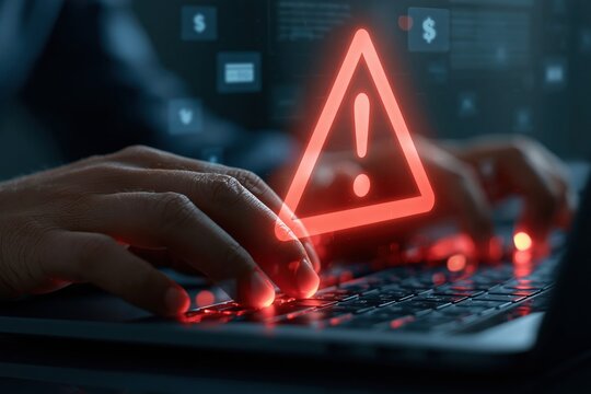 Cybersecurity warning on laptop keyboard with alert icon