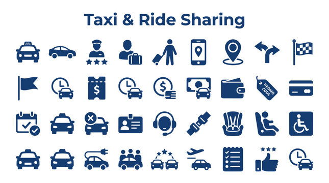 Taxi and Ride Sharing Service Icons Collection Representing Transportation Options Booking and Travel Concepts