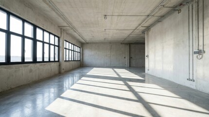 Obraz premium Spacious industrial interior with large windows and concrete surfaces, natural light.