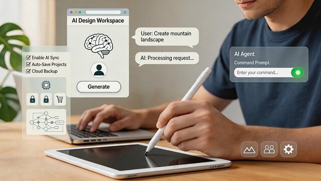 Professional using AI design workspace on tablet, generating mountain landscape with command prompt, digital art creation, futuristic UI elements, creative technology workflow,