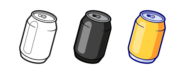Coldrink Can Vector Icon. Drink Can Vector Icon Set: Outline, Black, and Yellow Soda Cans © AAK Designs
