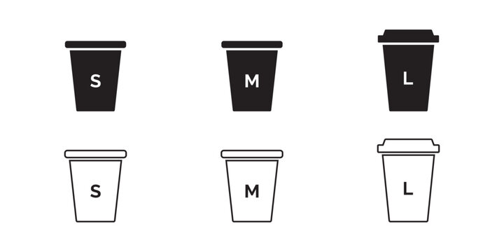 Coffee Cup Size Icons Set - Small, Medium, Large Disposable Drink Cups Vector Graphic