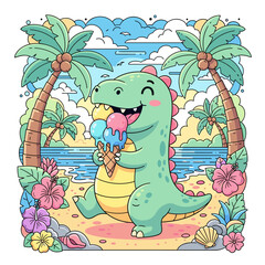 Cute TRex Dinosaur Eating Sweet Ice Cream on Tropical Summer Beach Kawaii Illustration © bima