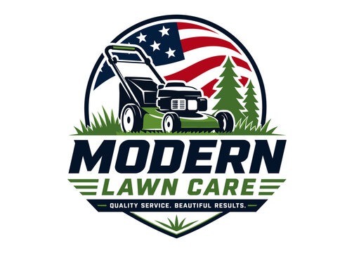 Modern lawn care logo design. Lawn mower and landscaping service logo. Lawn care logo with American flag