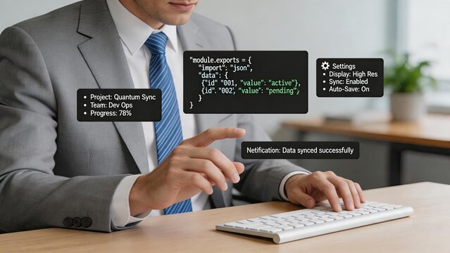 Professional software developer typing code on keyboard with futuristic holographic interface displaying JSON data and project status, quantum sync technology concept in modern
