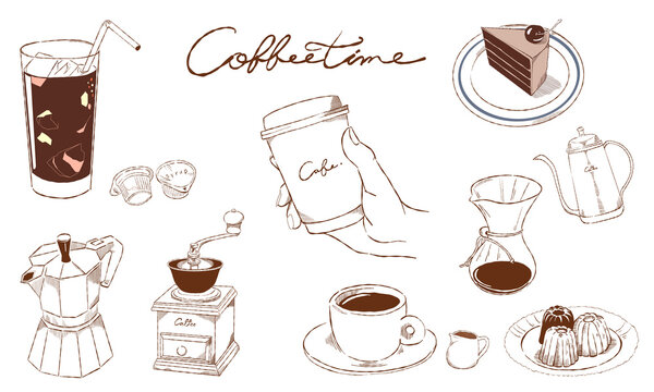 おしゃれなコーヒータイム線画イラストセット｜透過PNG素材
