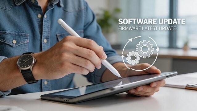 Close up of man hand holding stylus pen over tablet screen, software update firmware latest version concept, digital gears icon symbolizing system upgrade maintenance and