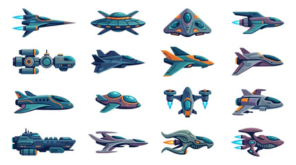 Collection of futuristic spacecraft and alien vessels for science fiction. © Adit