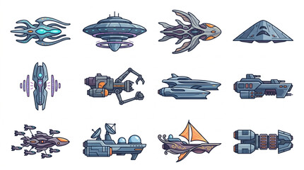 Collection of futuristic spacecraft and alien vessels in pixel art style. © Adit