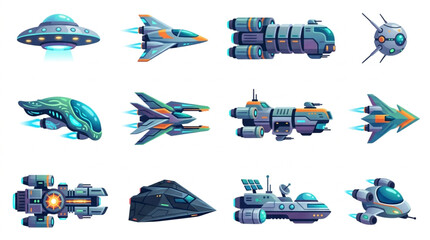 Collection of futuristic spacecraft and alien vehicles for science fiction. © Adit