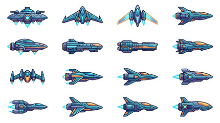 Collection of futuristic spacecraft and spaceships in pixel art style. © Adit