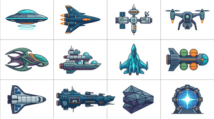 Collection of futuristic spacecraft and flying vehicles. © Adit