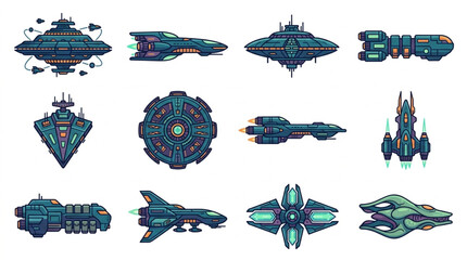 Collection of futuristic spacecraft designs in pixel art style. © Adit