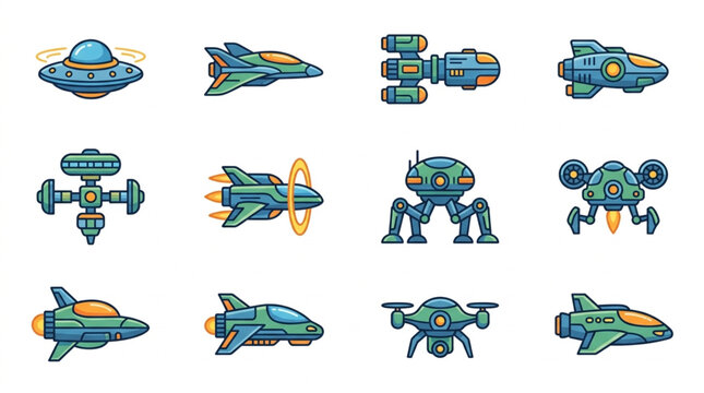 Collection of futuristic spacecraft and robots in cartoon style.