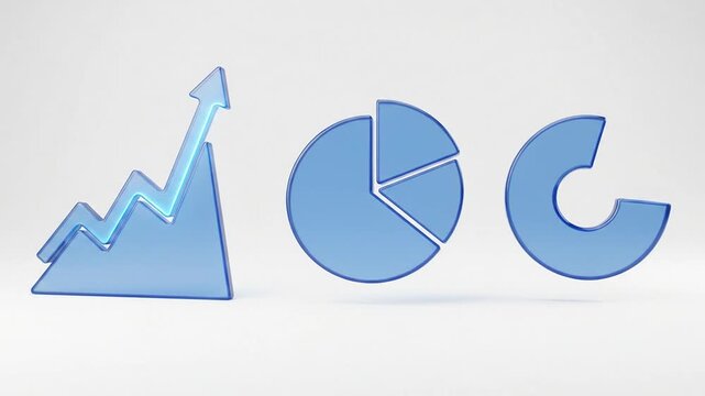 Set of blue glass 3D data analysis icons including line graph and pie charts.