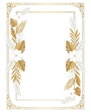 Elegant Gold Ornate Border with Tropical Leaves and White Flowers