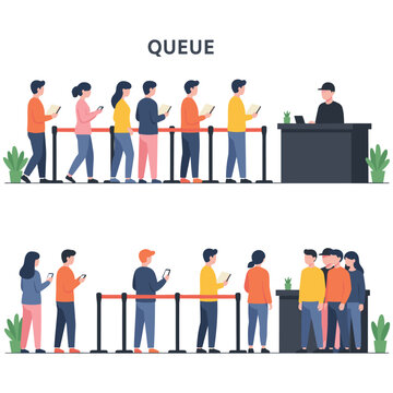 People queuing at service counters and waiting in line.