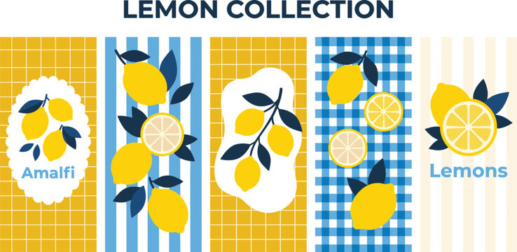 Lemon collection vertical banners with citrus fruits and patterns set.