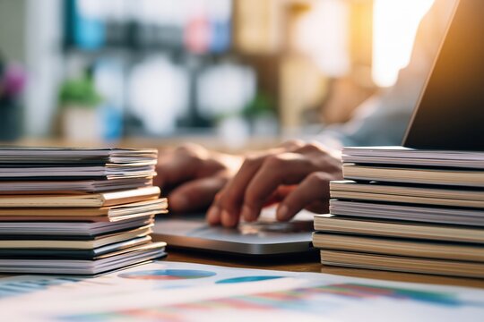 Hands using laptop at office desk with stacked documents and papers