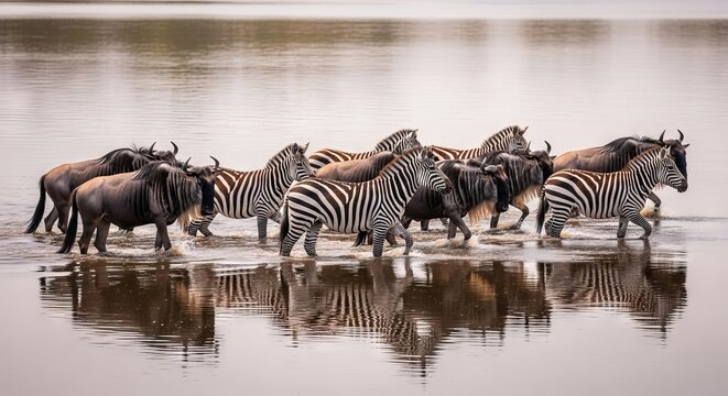 A majestic herd of wildebeest and striped zebras wade through a calm shallow river together during a peaceful migration in the sunny wild, coexistence, animals, serene