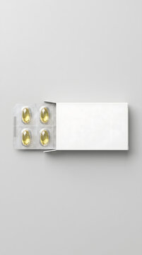 Open blank white medicine packaging box with blister pack of yellow gel capsules inside, mockup template for pharmaceutical product branding top view.