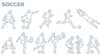 Fototapeta premium Soccer football players set various poses dribbling shooting kicking.