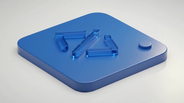 3D blue square icon with brackets and slash coding symbols.