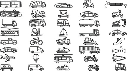 Comprehensive Transportation Line Icons Set Featuring Vehicles Aircraft Watercraft Construction and Public Transit Symbols © Akhi999