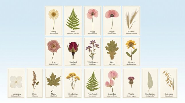 Set of pressed dried flowers and leaves botanical herbarium collection