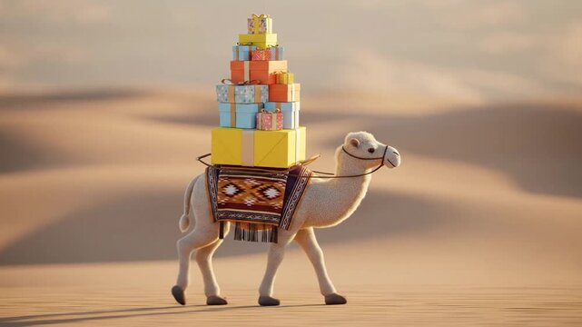 3D camel carrying large stack of colorful gift boxes in desert