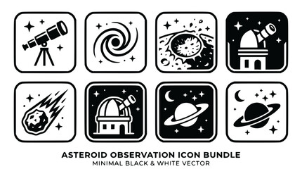 Space Exploration Icons: Telescope, Galaxy, Asteroid, Planet, Comet & Observatory © Janganan