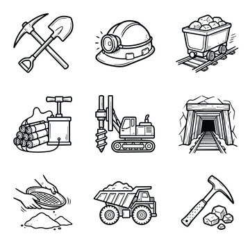 Collection of mining industry equipment and tools icons.