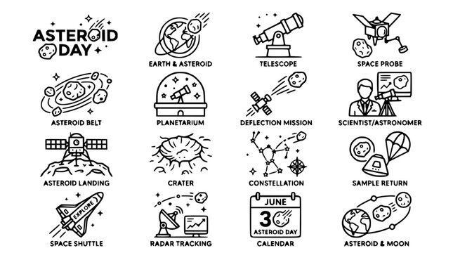 Asteroid Day Icons: Space Exploration, Astronomy, Celestial Objects, Science