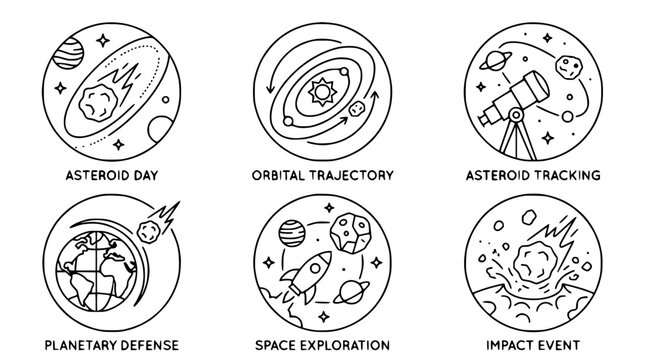 Space Icons: Asteroid Day, Orbital Trajectory, Tracking, Planetary Defense, Exploration, Impact