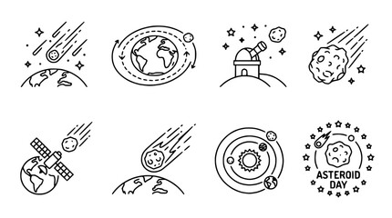 Space Icons: Meteors, Earth Orbit, Asteroids, Satellite, Observatory, Solar System © Janganan