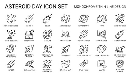 Asteroid Day Icon Set - Monochrome Thin Line Design © Janganan