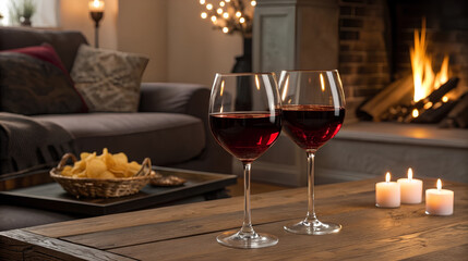 Naklejka premium Red Wine Glasses by Fireplace in Cozy Living Room, romantic evening, luxury lifestyle, home entertaining concept