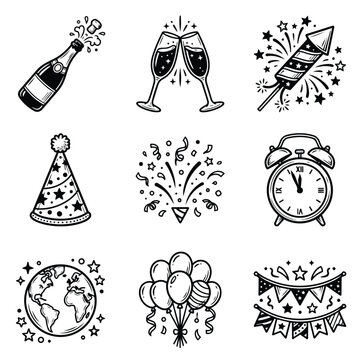 New Year Celebration Icons Set Doodle Style.