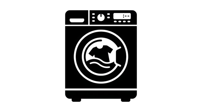 Minimalist black silhouette vector icon of a front-loading washing machine with laundry symbol. Ideal for laundry services, household appliance catalogs, infographics, and user interface designs.