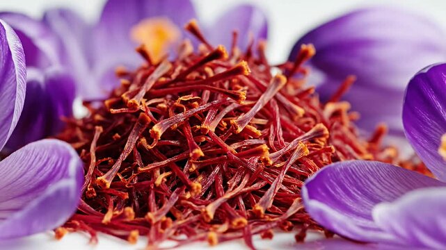 Dried red saffron threads with purple crocus flowers.