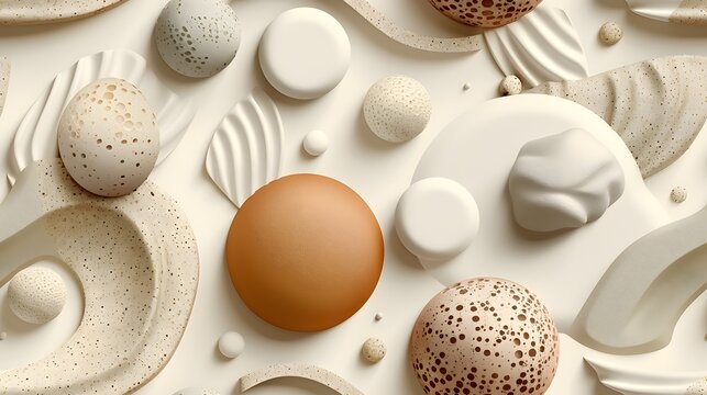 Modern 3D seamless repeating pattern of abstract organic shapes, terracotta pottery and speckled stone textures