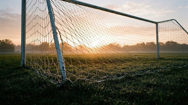 Soccer goal framed by glowing sunrise capturing the tranquil morning atmosphere on a dewy field with soft light and gentle mist enhancing the scene