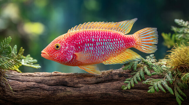Red and yellow cichlid fish swimming in freshwater aquarium with aquarium freshwater tropical
