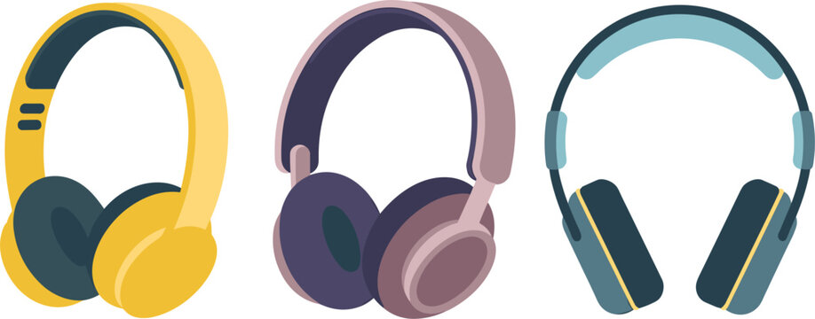 Modern wireless over ear headphones and audio headset collection flat vector icon set design