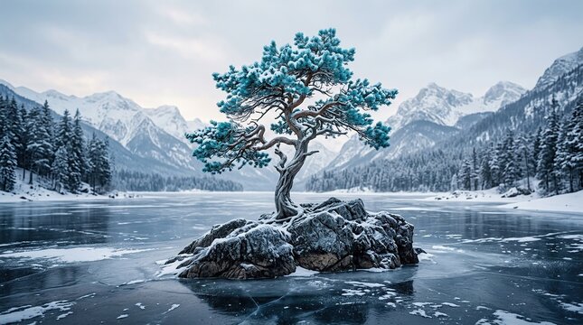 Majestic lone tree with frosted blue foliage stands proudly on a rocky island amidst a frozen lake surrounded by snow capped mountains and pine trees under a softly cloudy sky