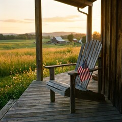 Obraz premium An Adirondack chair with an American flag on a rustic wooden porch overlooking a golden rural landscape with a barn at sunset.