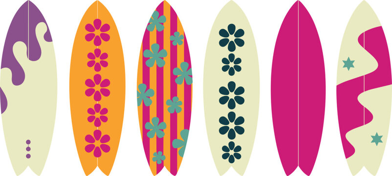 Retro Retro Surfboard Vector Set With Colorful Floral Patterns Groovy Waves And Abstract Graphic Elements