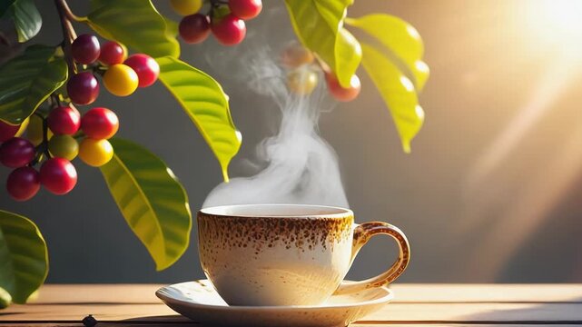 scented aroma cup of coffee with steam on wooden table with ripe coffee cherries on branches in warm morning sunlight