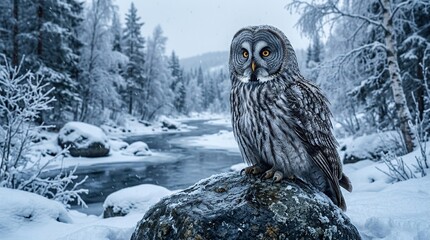 Obraz premium Majestic great grey owl perched on a snow covered rock amidst a serene winter landscape with a frozen river and snow draped trees under a soft gray sky