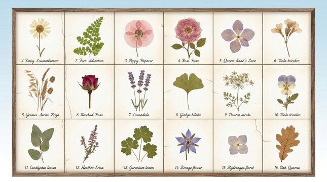 Set of pressed dried flowers and leaves botanical herbarium collection